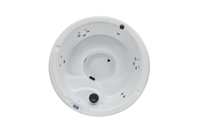 Round hot tub layout: top view of the Onyx X5R 5-person spa with face-to-face seating